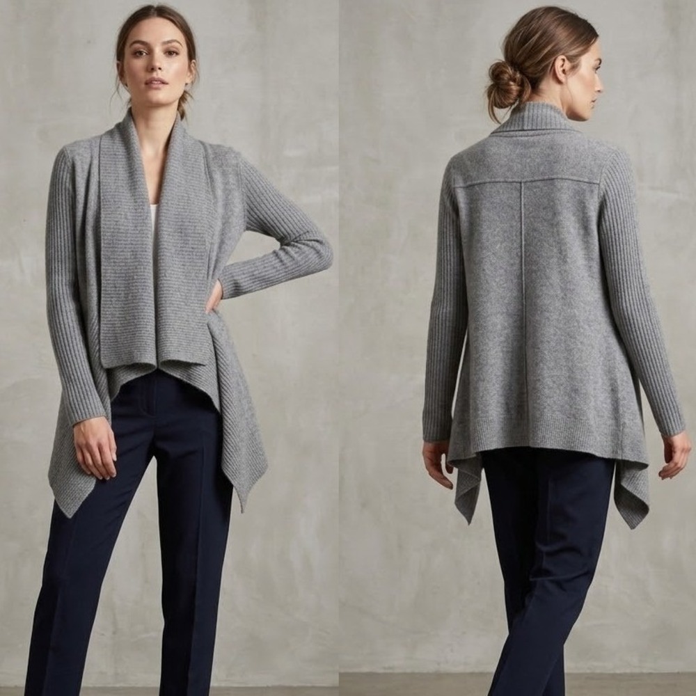 Cynthia Rowley Cardigan Gray 100% Cashmere Medium Open Front Waterfall Ribbed